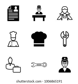 Profession icons. set of 9 editable filled and outline profession icons such as doctor, chef hat, maid, wrench, woman consultant with case, chef