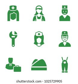 Profession icons. set of 9 editable filled profession icons such as wrench, nurse, doctor, male consultant   with case, chef hat, maid