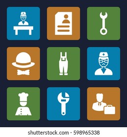 profession icons set. Set of 9 profession filled icons such as wrench, gardener jumpsuit, resume, doctor, male consultant   with case, chef