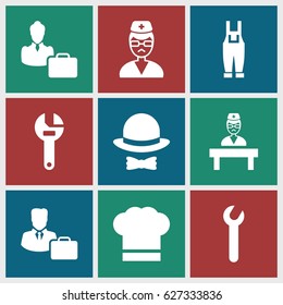 Profession icons set. set of 9 profession filled icons such as wrench, gardener jumpsuit, doctor, male consultant   with case, woman consultant with case, chef hat