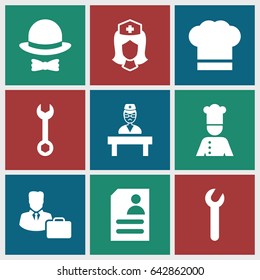 Profession icons set. set of 9 profession filled icons such as wrench, resume, nurse, doctor, male consultant   with case, chef, chef hat