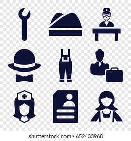 Profession icons set. set of 9 profession filled icons such as maid, gardener jumpsuit, resume, nurse, doctor, woman consultant with case, chef hat, hat and bow