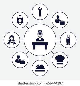 Profession icons set. set of 9 profession filled icons such as maid, gardener jumpsuit, nurse, doctor, male consultant   with case, woman consultant with case, chef hat