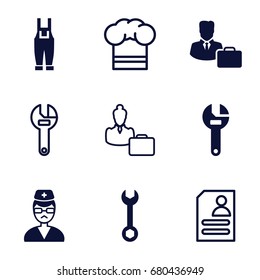 Profession icons set. set of 9 profession filled and outline icons such as wrench, gardener jumpsuit, doctor, male consultant   with case, resume, woman consultant with case