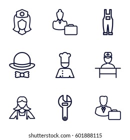 profession icons set. Set of 9 profession outline icons such as maid, wrench, gardener jumpsuit, nurse, doctor, male consultant   with case, woman consultant with case, chef