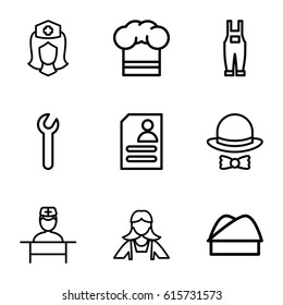 Profession icons set. set of 9 profession outline icons such as maid, gardener jumpsuit, resume, nurse, doctor, chef hat, hat and bow