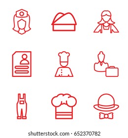Profession icons set. set of 9 profession outline icons such as maid, gardener jumpsuit, resume, nurse, woman consultant with case, chef, chef hat