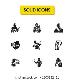 Profession icons set with actor, fireman and fitness elements. Set of profession icons and astronaut concept. Editable vector elements for logo app UI design.