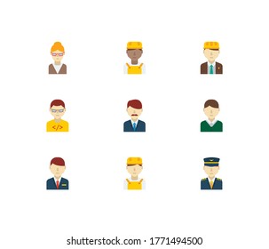 Profession icons set. African worker and profession icons with white worker, engineer and male worker. Set of director for web app logo UI design.