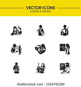 Profession icons set with camerawoman, professor and developer elements. Set of profession icons and programmer concept. Editable vector elements for logo app UI design