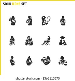 Profession icons set with cinematography, judgment and carpentry elements. Set of profession icons and carpenter concept. Editable vector elements for logo app UI design.