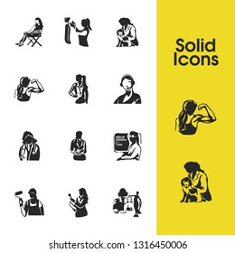 Profession icons set with cinematography, labor and fitness elements. Set of profession icons and fashion designer concept. Editable vector elements for logo app UI design.
