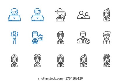 profession icons set. Collection of profession with pilot, stewardess, scientist, user, driver, chef, farmer. Editable and scalable profession icons.