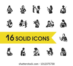 Profession icons set with courier, guard and actress elements. Set of profession icons and waiter concept. Editable vector elements for logo app UI design.