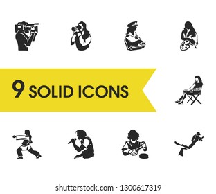 Profession icons set with diver, singer and paparazzi elements. Set of profession icons and painter concept. Editable vector elements for logo app UI design.