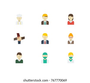 Profession icons set with female worker, doctor and chef elements. Set of profession icons also including culinary sign for your web app logo UI design.