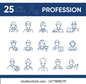 Profession icons. Set of line icons on white background. Hotel receptionist, chef, doctor. Occupation concept. Vector illustration can be used for topics like career, skill, specialists