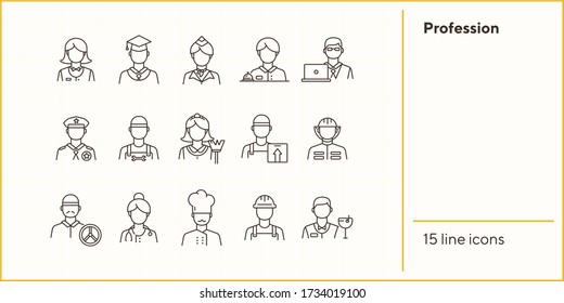 Profession icons. Set of line icons on white background. Hotel receptionist, chef, doctor. Occupation concept. Vector illustration can be used for topics like career, skill, specialists