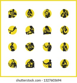 Profession icons set with paparazzi, journalist and drawing elements. Set of profession icons and driver concept. Editable vector elements for logo app UI design.