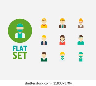 Profession icons set. Safety worker and profession icons with manager, teacher and engineer. Set of green for web app logo UI design.