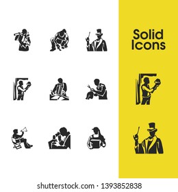 Profession icons set with scientist, actor and hairstylist elements. Set of profession icons and illusionist concept. Editable vector elements for logo app UI design.