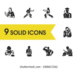 Profession icons set with servant, martial and job woman elements. Set of profession icons and astronaut concept. Editable vector elements for logo app UI design.