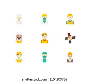 Profession icons set. Teamwork and profession icons with safety worker, construction worker and nurse. Set of green for web app logo UI design.