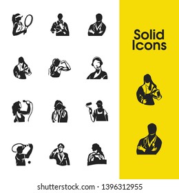 Profession icons set with tennis player, builder and fitness elements. Set of profession icons and tennis player concept. Editable vector elements for logo app UI design.