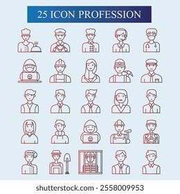 Profession icons with various shapes, lines, gradient colors, full colors, profession icon designs for doctors, nurses, criminals, hackers, pilots, captains, artists, customer service