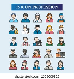 Profession icons with various shapes, lines, gradient colors, full colors, profession icon designs for doctors, nurses, criminals, hackers, pilots, captains, artists, customer service