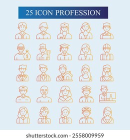 Profession icons with various shapes, lines, gradient colors, full colors, profession icon designs for doctors, nurses, criminals, hackers, pilots, captains, artists, customer service