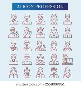 Profession icons with various shapes, lines, gradient colors, full colors, profession icon designs for doctors, nurses, criminals, hackers, pilots, captains, artists, customer service