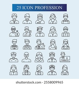 Profession icons with various shapes, lines, gradient colors, full colors, profession icon designs for doctors, nurses, criminals, hackers, pilots, captains, artists, customer service