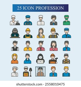 Profession icons with various shapes, lines, gradient colors, full colors, profession icon designs for doctors, nurses, criminals, hackers, pilots, captains, artists, customer service