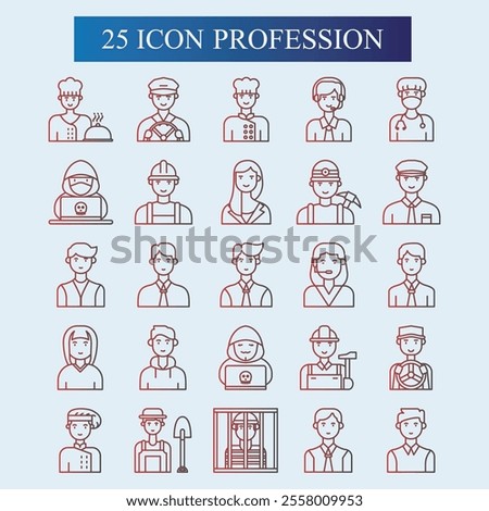 Profession icons with various shapes, lines, gradient colors, full colors, profession icon designs for doctors, nurses, criminals, hackers, pilots, captains, artists, customer service