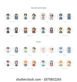 Profession icons vector set.
Set of colorful profession people flat style icons vector illustration