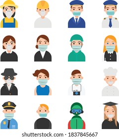 Profession and job related vector icon set, set of vector colorful illustrative figures characters with anti-virus mask.
vector illustration of male and female employees with face mask