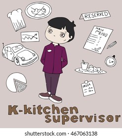 the profession kitchen supervisor in alphabetical order cartoon hand drawn outline for coloring adult isolated on the background