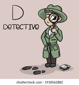 The profession of the letter d - detective. Little cute character man with big eye and documents