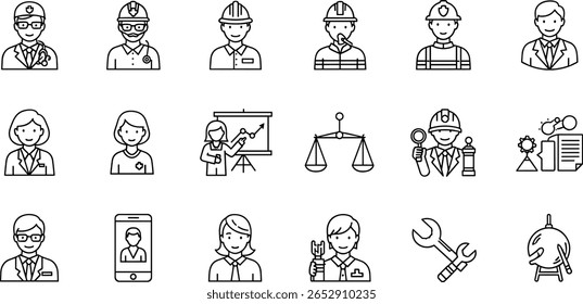 Profession line icon set. Vector pictograms of doctor, engineer, firefighter, teacher, scientist, lawyer, mechanic, artist job occupations thin linear