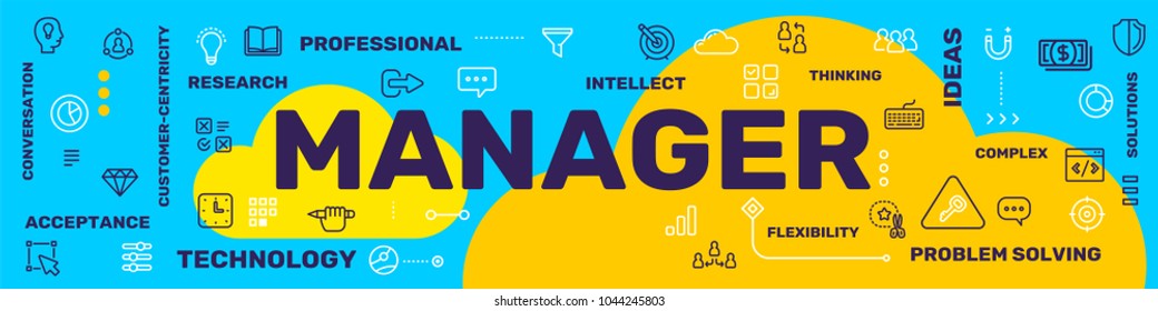 Profession manager concept. Vector creative illustration of manager word typography with line icon, tag, yellow cloud on blue background. Thin line art style design of business social media web banner