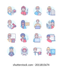 Profesión - modernos iconos de diseño de líneas de colores. Trabajadores, especialistas, mujeres y hombres. Forma redondeada. Camarero, bibliotecario, especialista en informática, gerente, abogado, bombero, ingeniero imágenes