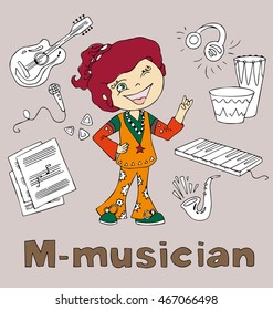 the profession musician in alphabetical order cartoon hand drawn outline for coloring adult isolated on the background