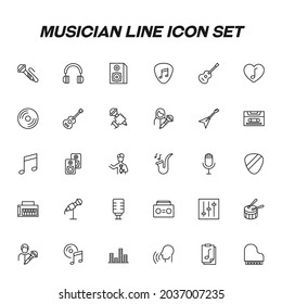 Profession of a musician concept. High quality outline symbol for banners and web design with mobile apps. Musician line icon set including of singer, musical instruments, musical notes etc
