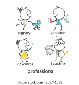 profession of nurse, teacher, governess, cleaner illustration