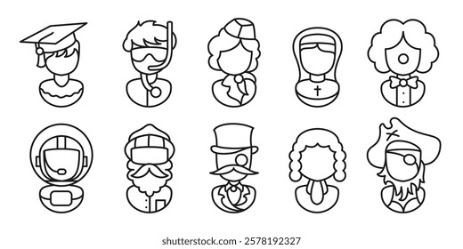 Profession and occupation characters icon set. Graduate student, diver, hostess and attendant uniform. Astronaut, christian nun, comedian clown and pirate captain costume. Gentleman and judge job.