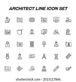 Profession and occupation concept. Architect line icon set including icons of tools for works with gear and builders in hard hat 
