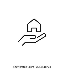 Profession and occupation concept. Architector and construction worker. Line icon of unrecognizable person with private house on hand 
