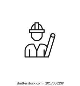 Profession and occupation concept. Architector and construction worker. Line icon of builder in hard hat with roll of paper 