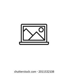 Profession and occupation concept. Graphic designer. Line icon of image on computer, shining sun over mountains 
